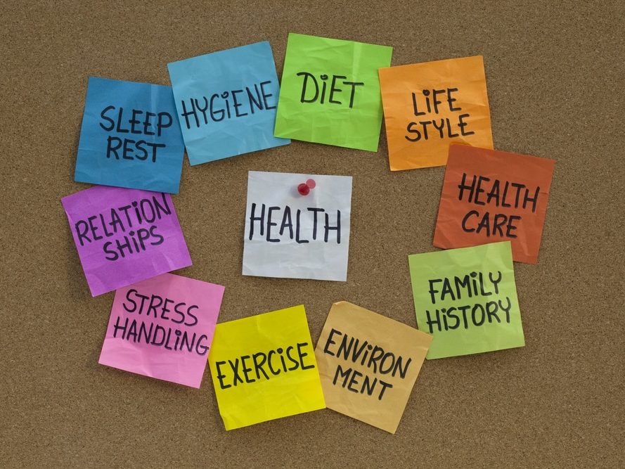gut health, diet, hygiene, life style, health care, family history, exercise, stress handing relationships, sleep